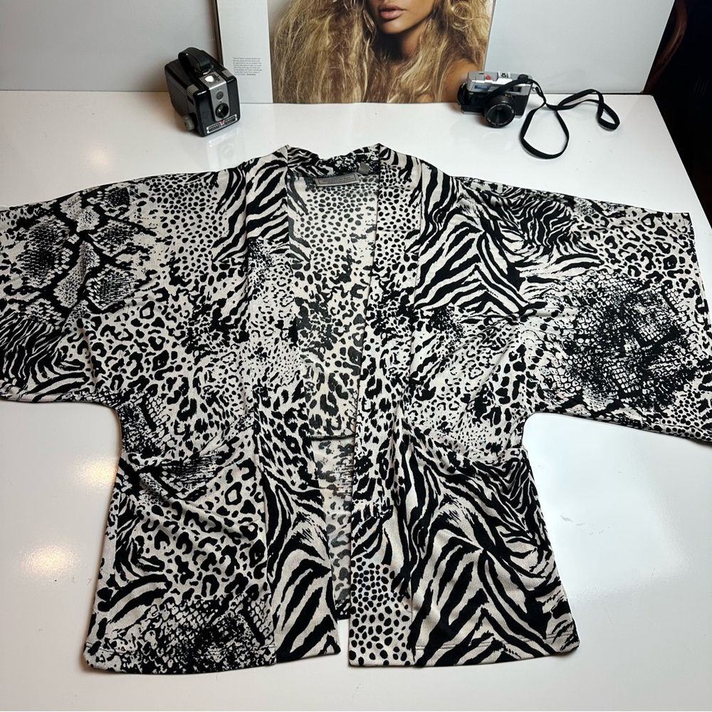 Connections Black White Mixed Animal Print Zebra Leopard Kimono Cardigan